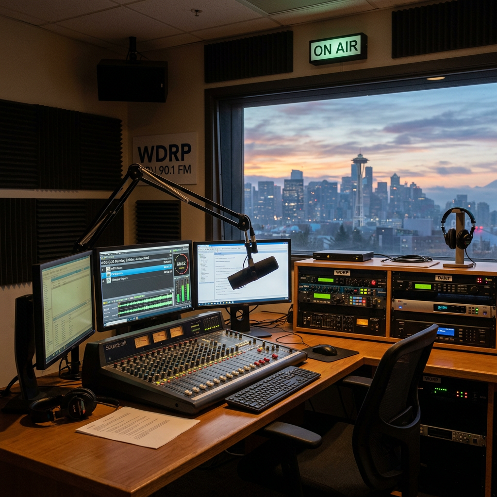 WDRP radio studio with mixing console and Seattle skyline